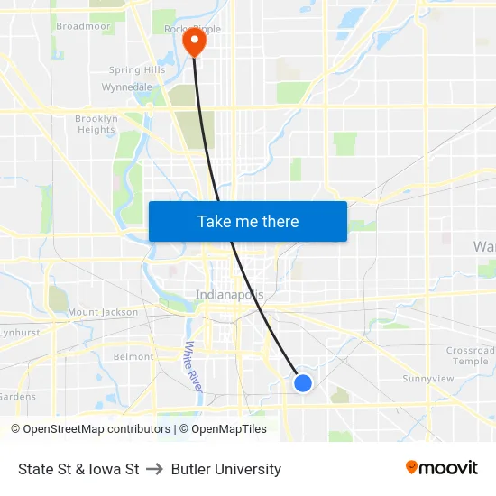 State St & Iowa St to Butler University map