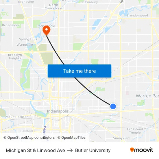 Michigan St & Linwood Ave to Butler University map