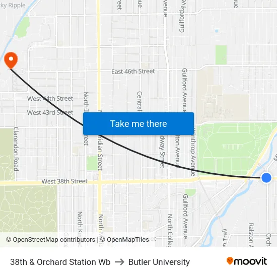 38th & Orchard Station Wb to Butler University map