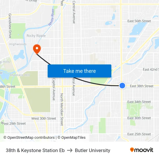 38th & Keystone Station Eb to Butler University map