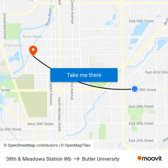 38th & Meadows Station Wb to Butler University map
