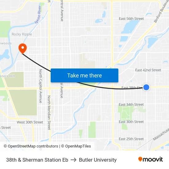 38th & Sherman Station Eb to Butler University map