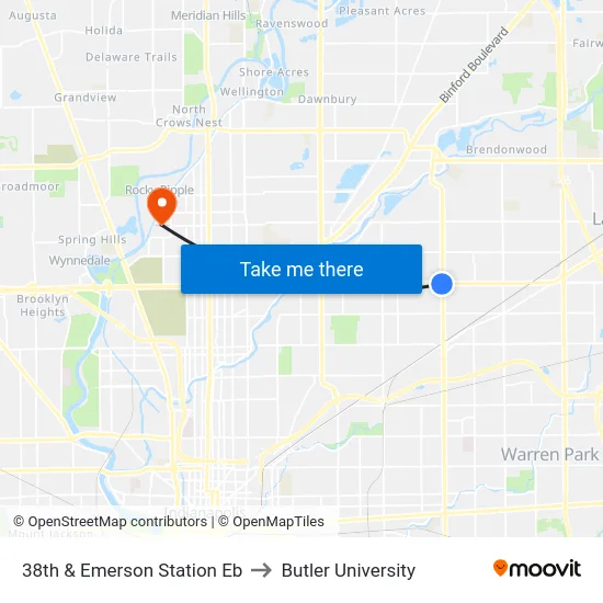 38th & Emerson Station Eb to Butler University map