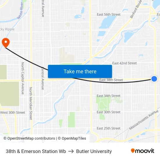 38th & Emerson Station Wb to Butler University map
