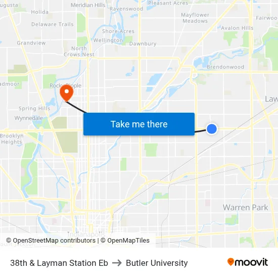 38th & Layman Station Eb to Butler University map