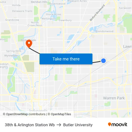 38th & Arlington Station Wb to Butler University map