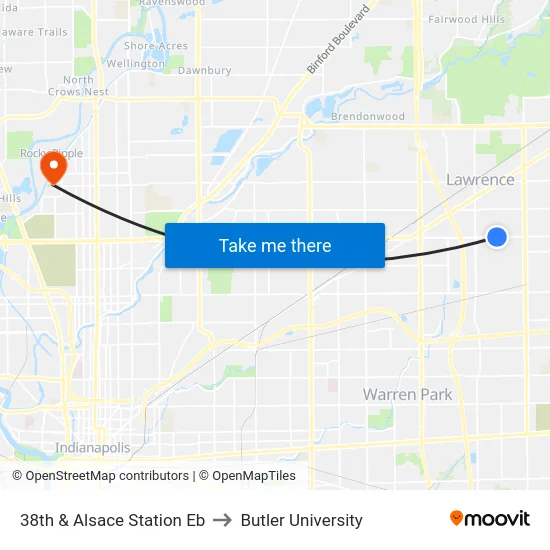 38th & Alsace Station Eb to Butler University map