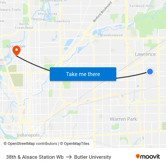 38th & Alsace Station Wb to Butler University map