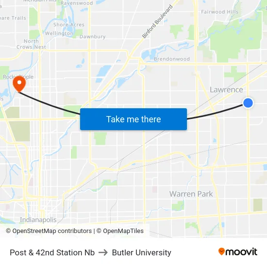 Post & 42nd Station Nb to Butler University map