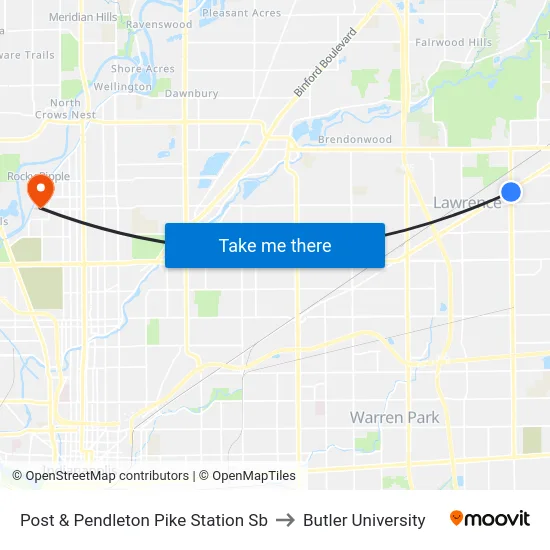 Post & Pendleton Pike Station Sb to Butler University map
