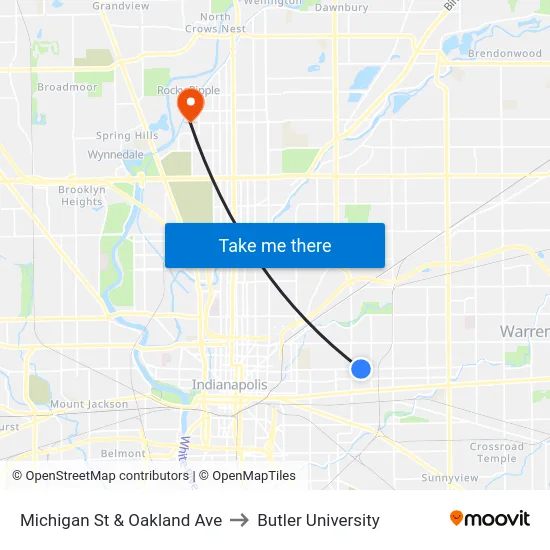 Michigan St & Oakland Ave to Butler University map