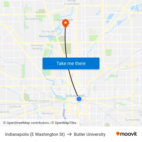 Indianapolis (E Washington St) to Butler University map