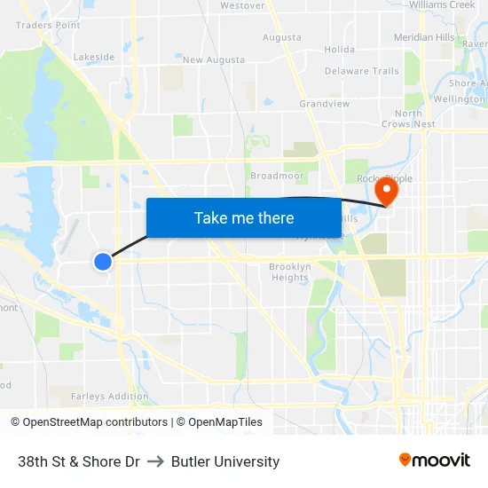 38th St & Shore Dr to Butler University map