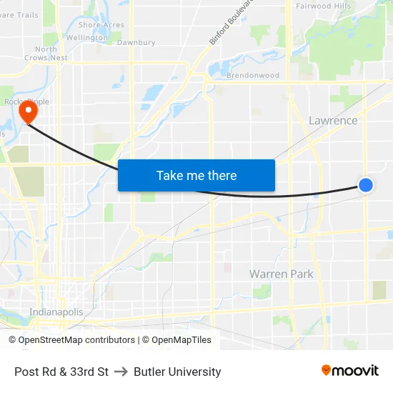 Post Rd & 33rd St to Butler University map