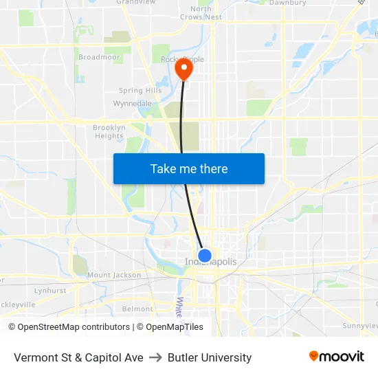 Vermont St & Capitol Ave to Butler University map
