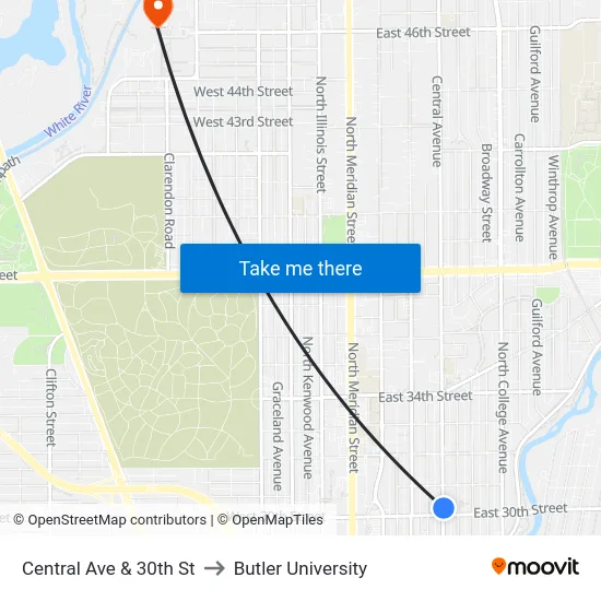 Central Ave & 30th St to Butler University map