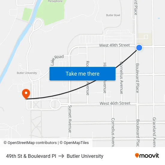 49th St & Boulevard Pl to Butler University map