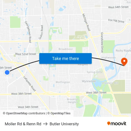 Moller Rd & Renn Rd to Butler University map