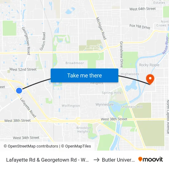 Lafayette Rd & Georgetown Rd - Walmart to Butler University map
