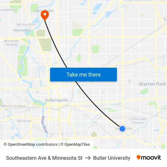 Southeastern Ave & Minnesota St to Butler University map