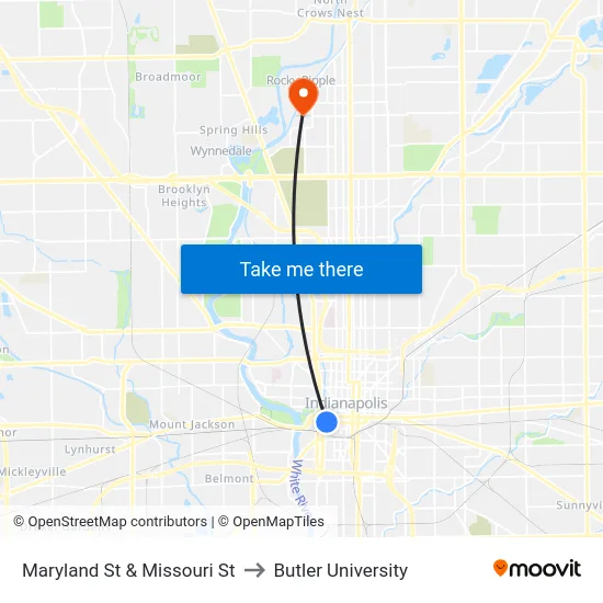 Maryland St & Missouri St to Butler University map