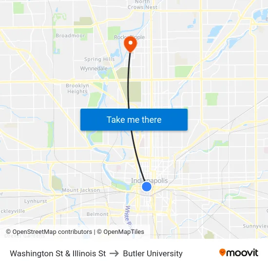 Washington St & Illinois St to Butler University map