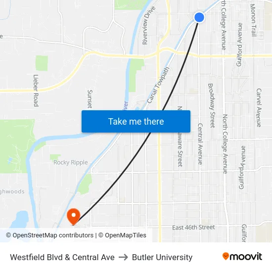 Westfield Blvd & Central Ave to Butler University map