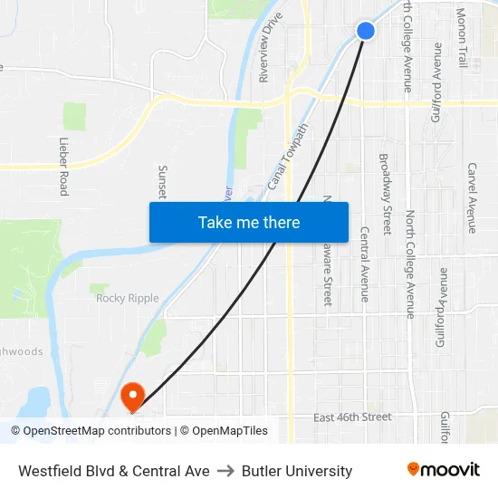 Westfield Blvd & Central Ave to Butler University map