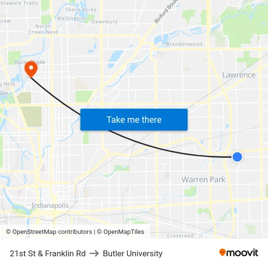 21st St & Franklin Rd to Butler University map