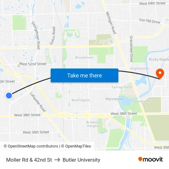 Moller Rd & 42nd St to Butler University map