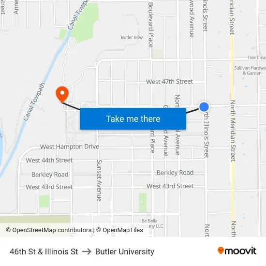 46th St & Illinois St to Butler University map