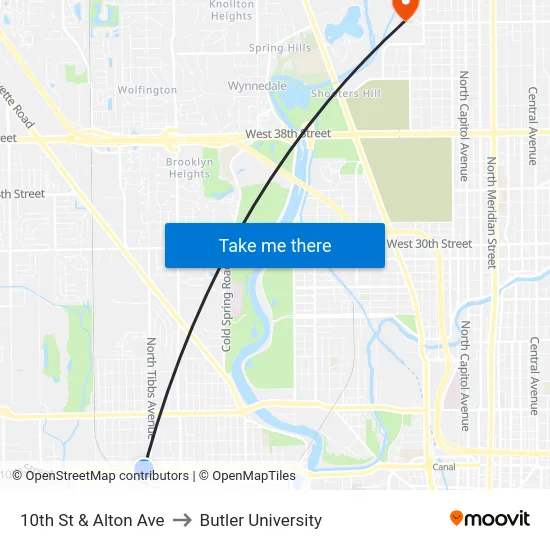 10th St & Alton Ave to Butler University map