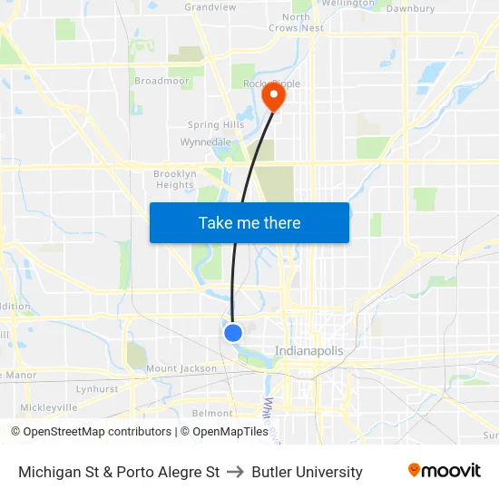 Michigan St & Porto Alegre St to Butler University map