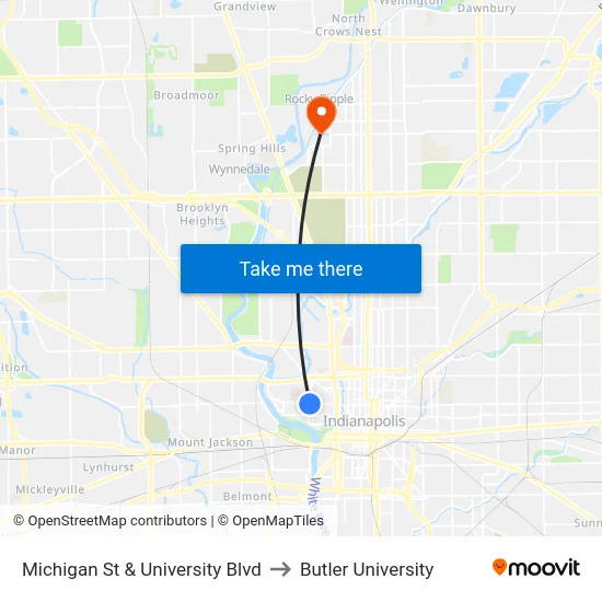 Michigan St & University Blvd to Butler University map
