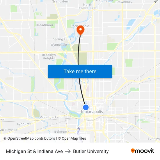 Michigan St & Indiana Ave to Butler University map