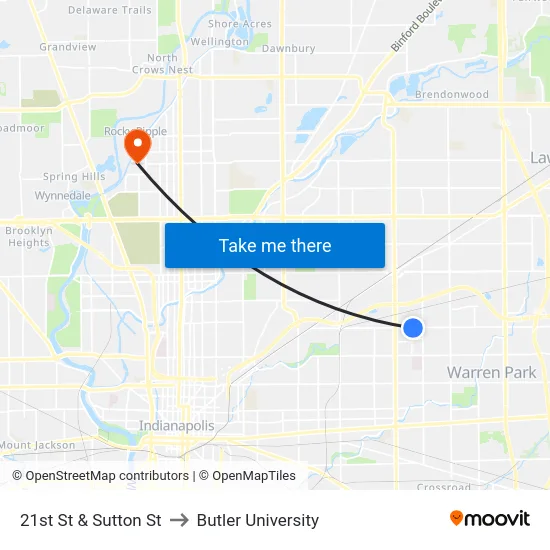 21st St & Sutton St to Butler University map