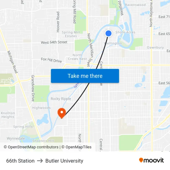 66th Station to Butler University map