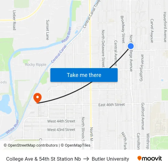 College Ave & 54th St Station Nb to Butler University map