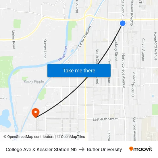 College Ave & Kessler Station Nb to Butler University map