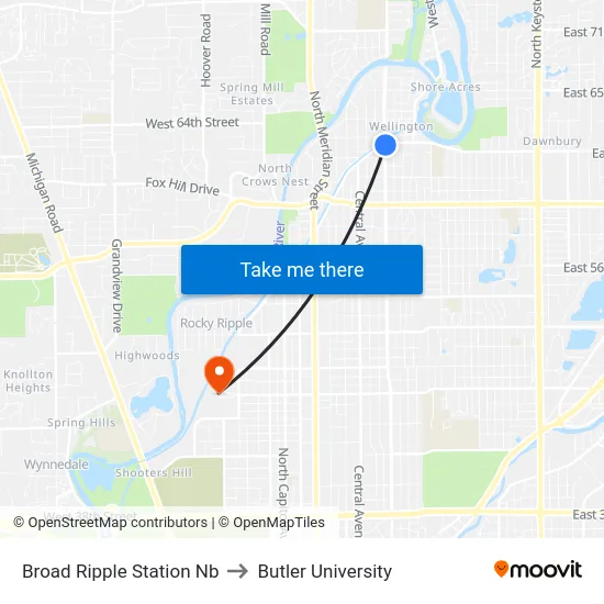 Broad Ripple Station Nb to Butler University map