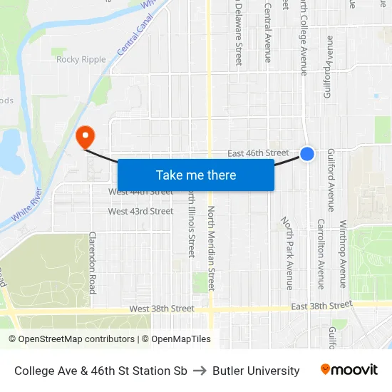 College Ave & 46th St Station Sb to Butler University map