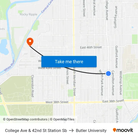 College Ave & 42nd St Station Sb to Butler University map