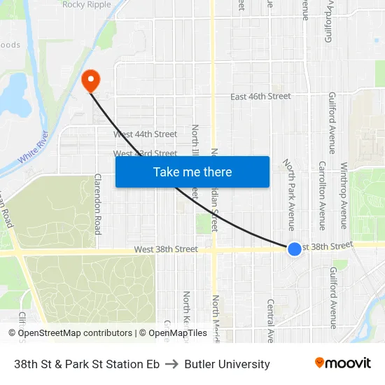 38th St & Park St Station Eb to Butler University map