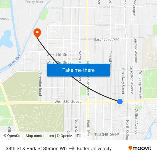 38th St & Park St Station Wb to Butler University map