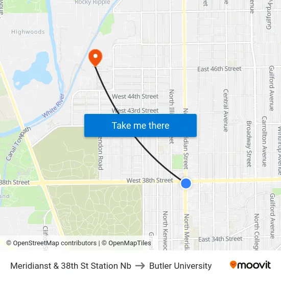 Meridianst & 38th St Station Nb to Butler University map