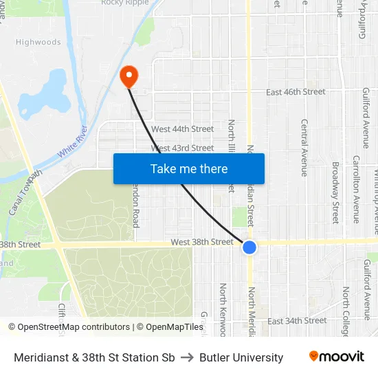 Meridianst & 38th St Station Sb to Butler University map