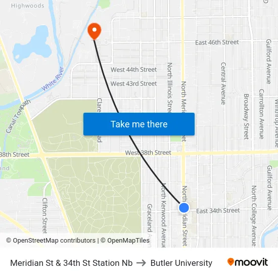 Meridian St & 34th St Station Nb to Butler University map