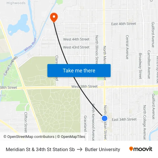 Meridian St & 34th St Station Sb to Butler University map