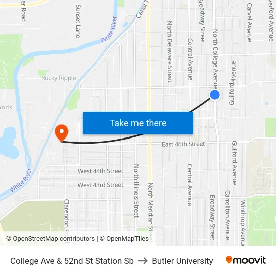 College Ave & 52nd St Station Sb to Butler University map