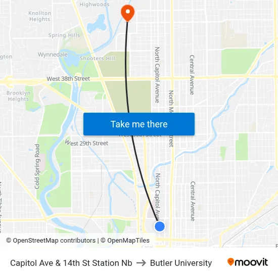 Capitol Ave & 14th St Station Nb to Butler University map